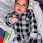 Pablo joined the competition — help win amazing prizes! baby, infant, child, onesie, plaid, blanket, bedding, cozy, lying_down, portrait, eyes, eyelashes, cheeks, hand, zipper, fabric, cute, indoor, gaze, soft_texture