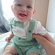 Marius participe au concours pour gagner de l'argent avec cette photo : baby, smiling, bow_tie, suspenders, white_shirt, hand, infant, happy, blue_eyes, sitting, blanket, indoors, cute, child, portrait, clothing, person, soft_light, closeup, skin
