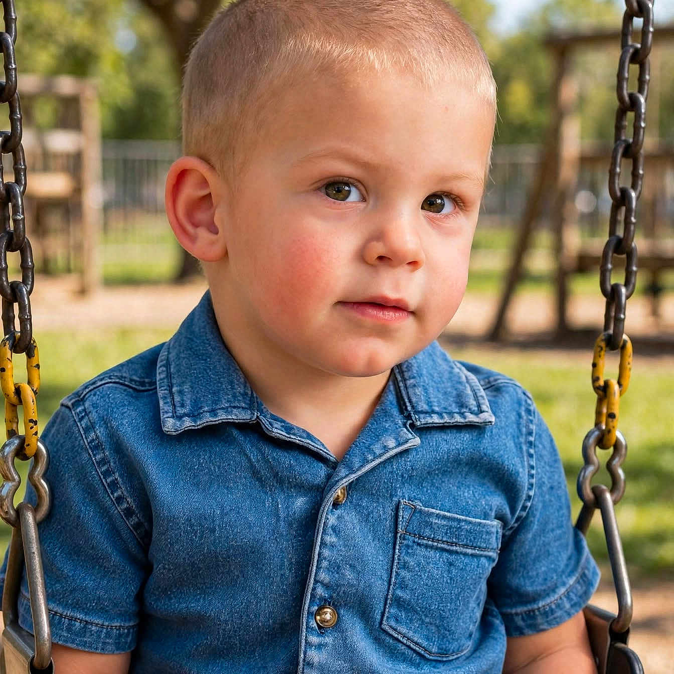 Parker joined the competition — help win amazing prizes! child, toddler, boy, portrait, face, eyes, short_hair, denim_shirt, clothing, sitting, swing, playground, outdoor, park, sunlight, trees, grass, playground_equipment, close_up, photography
