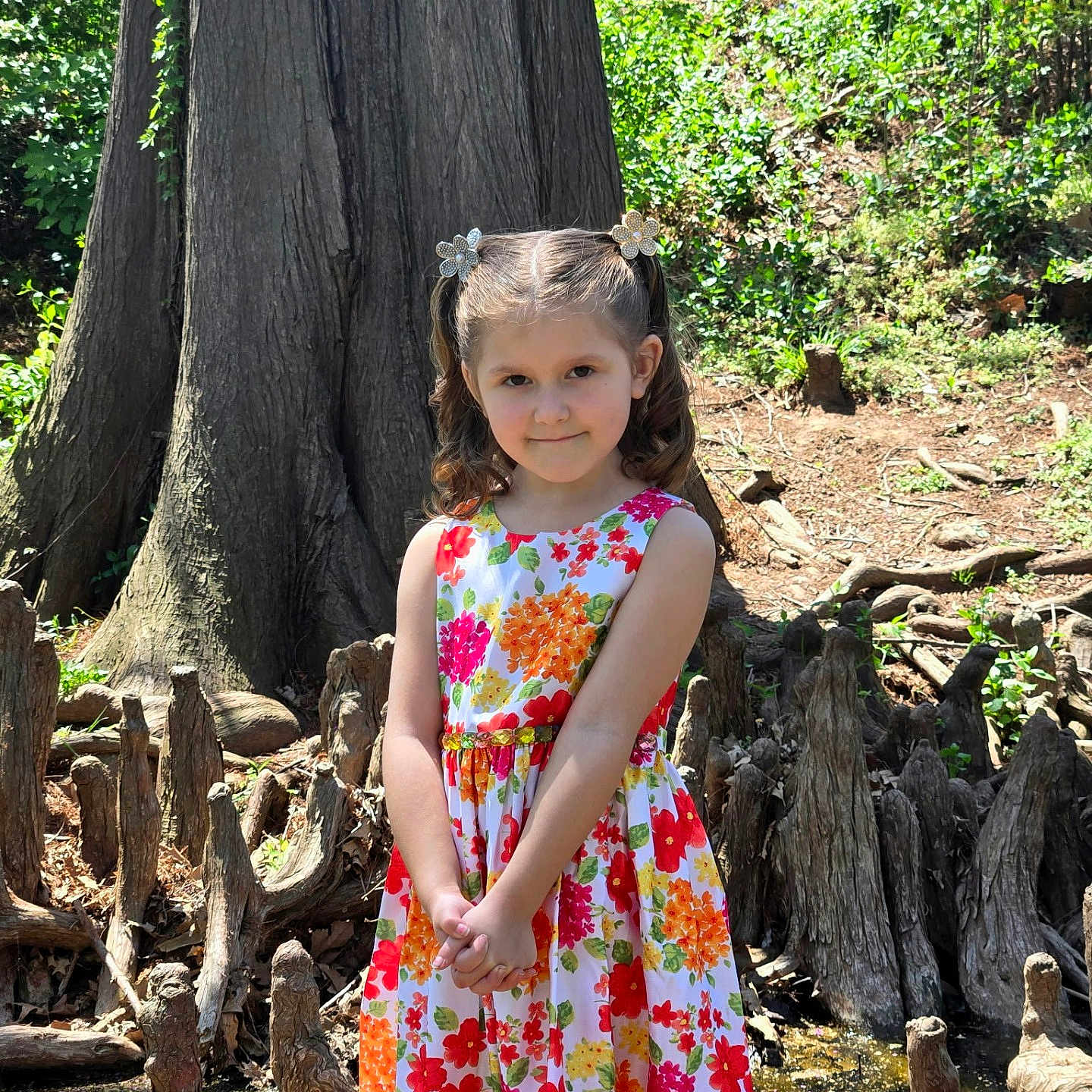 Scarlett is registered to the contest to win money with this photo: child, clothing, dress, face, female, girl, grove, head, jungle, land, nature, outdoors, person, photography, plant, portrait, tree, vegetation, wood, woodland
