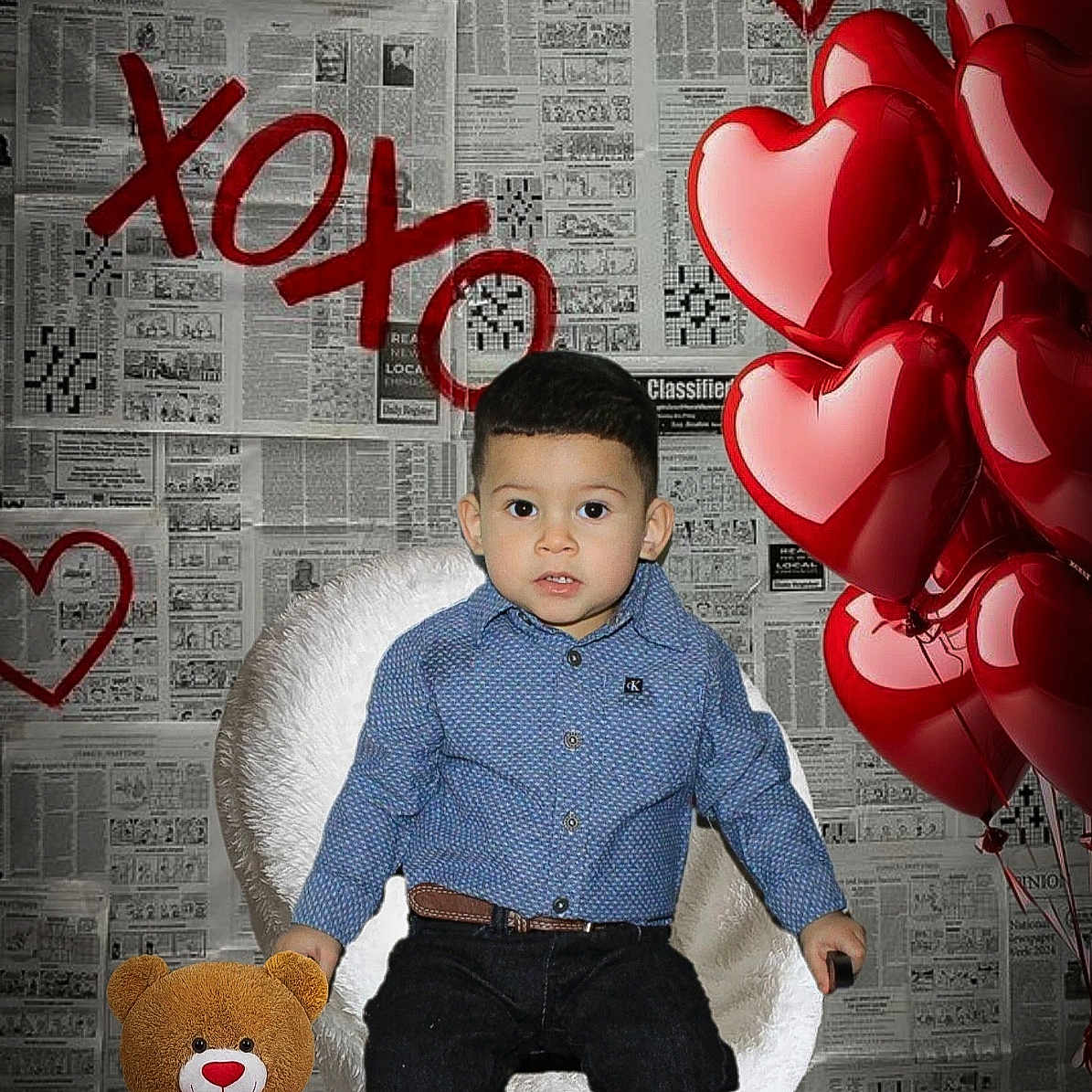 Liam is registered to the contest to win money with this photo: child, boy, teddy_bear, heart_balloon, balloon, newspaper_background, xoxo, red_heart, blue_shirt, black_pants, sneakers, white_chair, indoor, cute, portrait, smiling, love_theme, decor, seated, playful