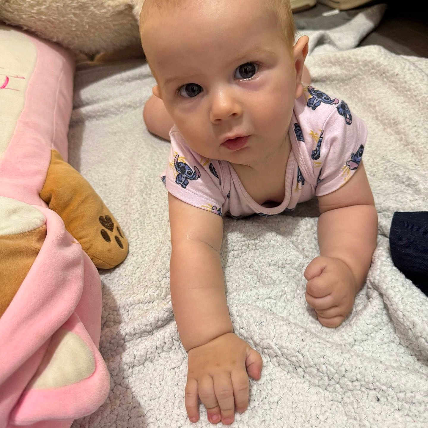 Alexandru Adrian a rejoint le concours — aidez-le/la à gagner de superbes lots ! baby, blanket, child, clothing, crawling, curious, expression, eyes, face, floor, footwear, hand, indoor, infant, onesie, person, pink, plush_toy, portrait, soft_texture