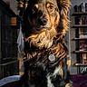alert, animal, black, bookshelf, brown, collar, dog, domestic, fur, furniture, indoor, pet, portrait, purple_blanket, room, shadow, sitting, sunlight, tag, wooden_cabinet