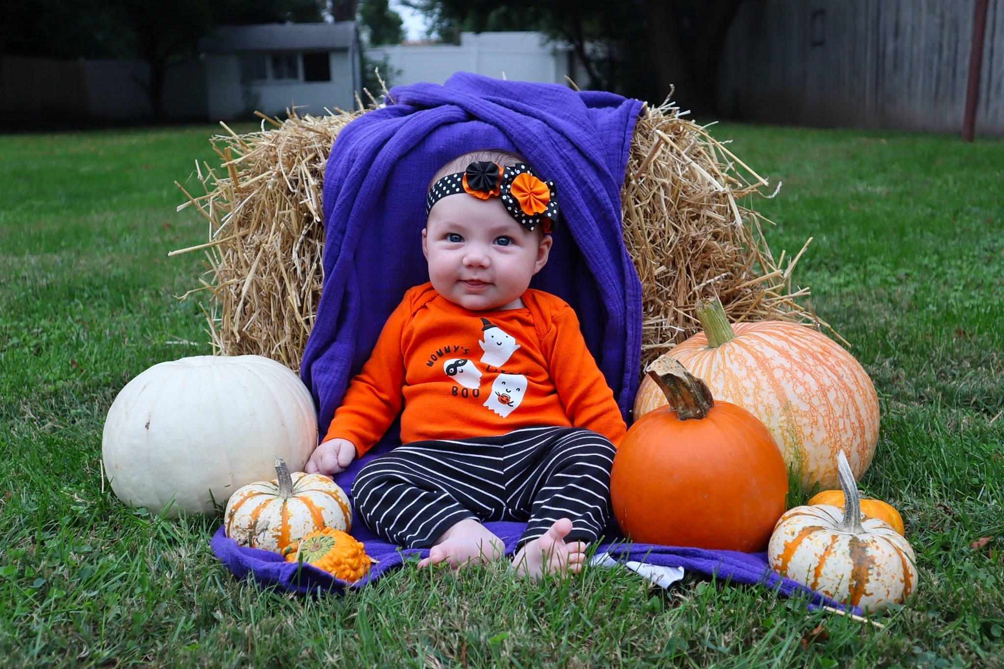Gabrielle joined the competition — help win amazing prizes! baby, calabaza, cucurbita, face, football, gourd, grass, happy, hat, headwear, jeans, leaf, leisure, people, people_in_nature, person, plant, pumpkin, sports_equipment, toddler