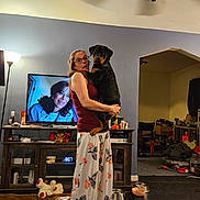 Marley joined the competition — help win amazing prizes! woman, dog, living_room, tv, lamp, glasses, furniture, floor, toy, shelf, clothing, person, indoor, expression, home, decor, carpet, container, screen, pet