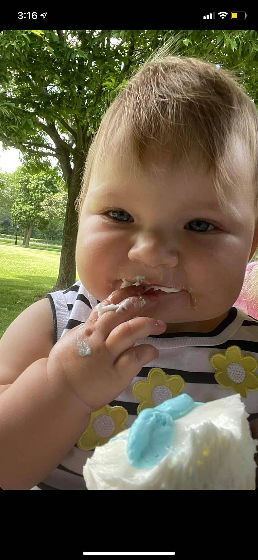 Leylah is registered to the contest to win money with this photo: baby, baby_toddler_clothing, cheek, eyelash, finger, fruit, gesture, grass, green, happy, iris, lip, mouth, nail, nose, person, plant, skin, smile, toddler