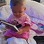 bed, blanket, casual, child, cozy, curious, cute, holding, home, indoors, looking_down, minnie_mouse, person, pink_clothing, short_hair, sitting, soft_lighting, tablet, toddler, wipes