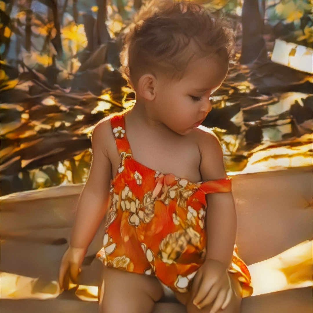 Theresa joined the competition — help win amazing prizes! toddler, child, orange_dress, sitting, bench, forest, autumn, sunlight, nature, outdoor, curly_hair, young_child, portrait, daylight, serene, thoughtful, leaves, trees, baby, cute