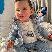 Antonio participe au concours pour gagner de l'argent avec cette photo : child, baby, infant, toddler, smiling, sitting, crib, nursery, pacifier, pacifier_necklace, plush_toy, mickey_mouse, striped_clothing, denim_jacket, gold_chain, rosy_cheeks, long_eyelashes, bed_sheet, blanket, happy