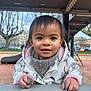 Owena a rejoint le concours — aidez-le/la à gagner de superbes lots ! child, toddler, face, eyes, smile, jacket, coat, scarf, hands, rocks, playground, slide, park, outdoor, winter_clothing, bench, curious_expression, short_hair, urban, portrait