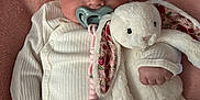 Maple is registered to the contest to win money with this photo: adorable, baby, bunny, child, closeup, clothing, comfort, cute, headband, indoor, infant, onesie, pacifier, pink_background, plush_toy, snuggle, soft_texture, strawberry_pattern, toy, white_bunny