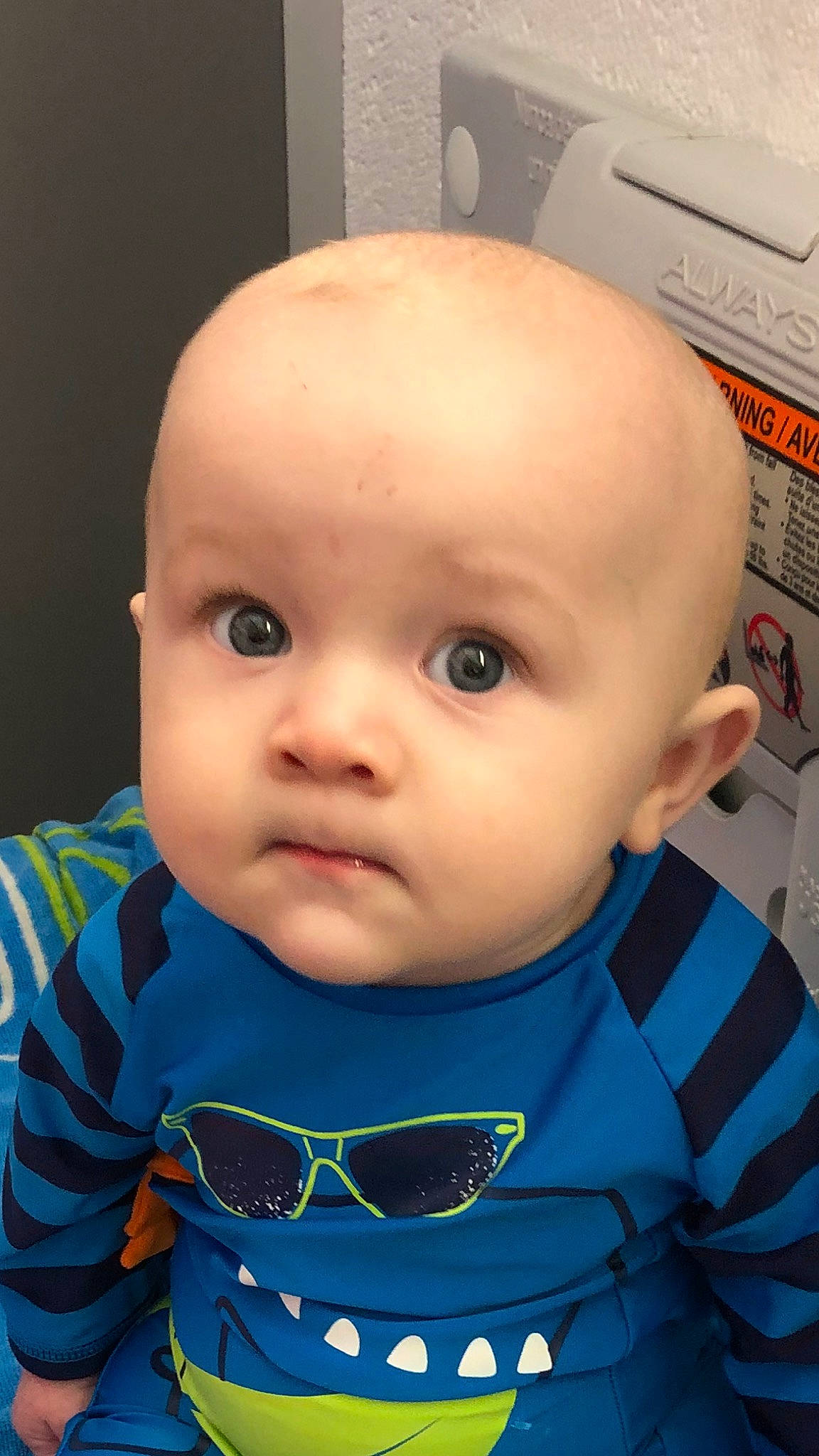 Kaleb joined the competition — help win amazing prizes! baby, baby_toddler_clothing, blue, cheek, chin, eye, eyebrow, eyelash, face, hairstyle, happy, iris, lip, mouth, nose, person, skin, sleeve, smile, toddler