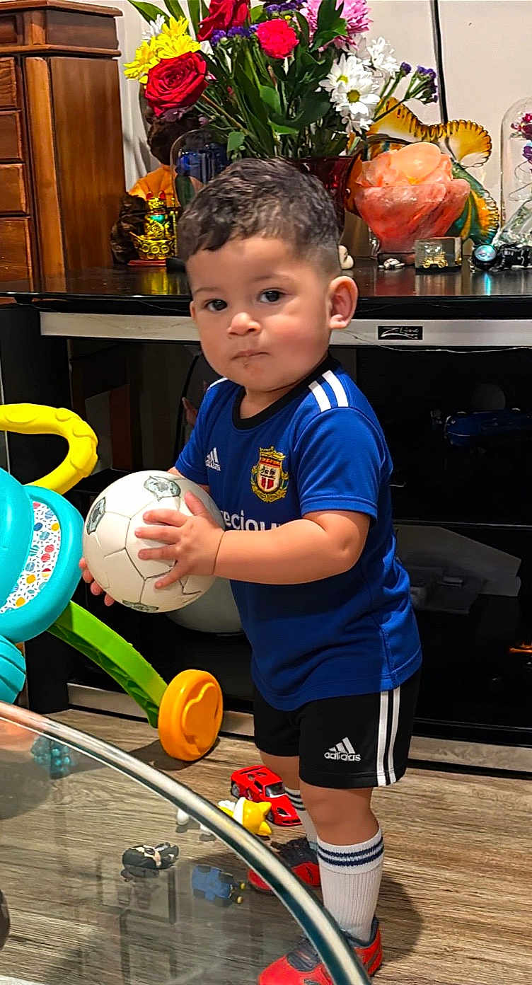 Liam is registered to the contest to win money with this photo: child, toddler, boy, soccer_ball, toy, indoor, standing, holding_ball, shorts, socks, sneakers, sportswear, flowers, vase, table, toy_car, living_room, portrait, curly_hair, cute
