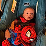 Niklaus is registered to the contest to win money with this photo: baby, blue, car_seat, child, closeup, clothing, cute, expression, indoor, infant, person, plush_toy, red, seatbelt, sitting, soft_toy, spiderman, teal, toy, wide_eyes