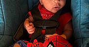 Niklaus is registered to the contest to win money with this photo: baby, blue, car_seat, child, child_seat, closeup, clothing, cute, fabric, indoor, infant, person, plush_toy, portrait, red, safety_harness, sitting, spiderman, toy, wide_eyes