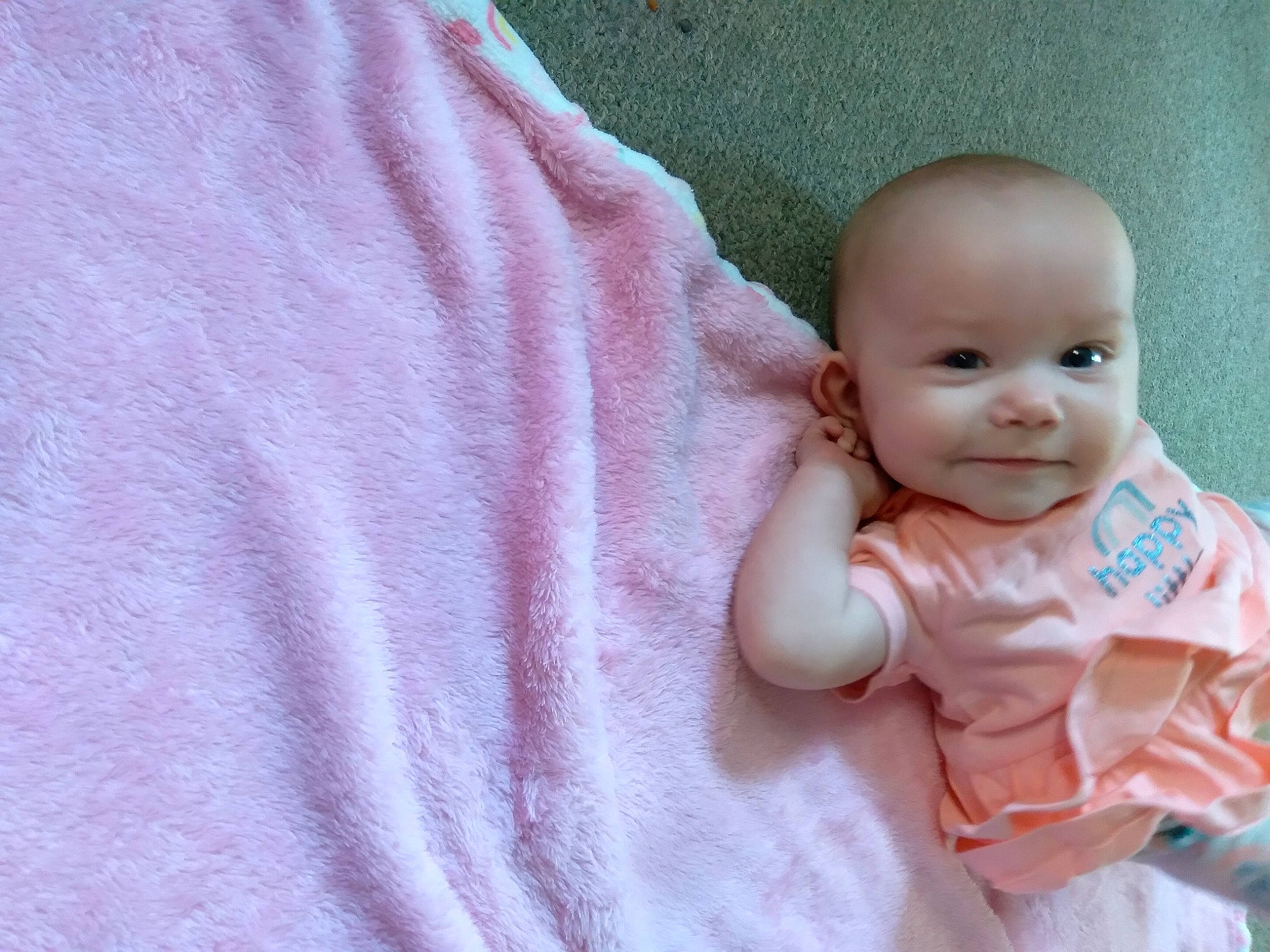 Karen joined the competition — help win amazing prizes! baby, baby_products, baby_toddler_clothing, child, doll, eye, eyelash, happy, joy, linens, magenta, outerwear, pattern, peach, person, pink, sleeve, smile, textile, toddler