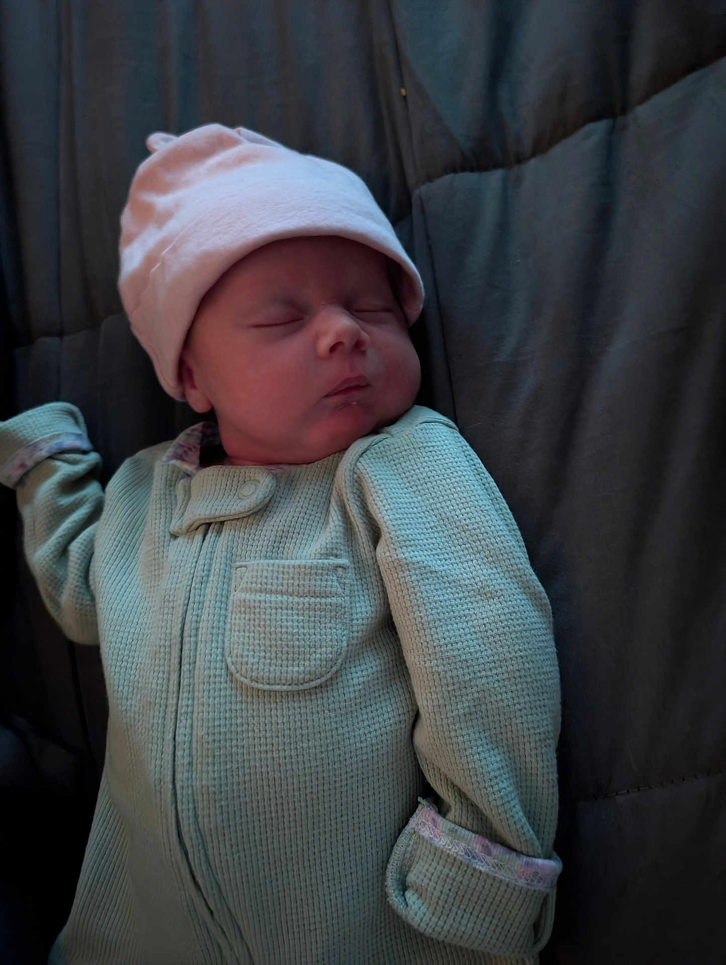 Leia joined the competition — help win amazing prizes! baby, sleeping, infant, hat, onesie, cozy, soft, face, portrait, child, cute, peaceful, resting, pink, knitwear, fabric, warm, young, closeup, indoors