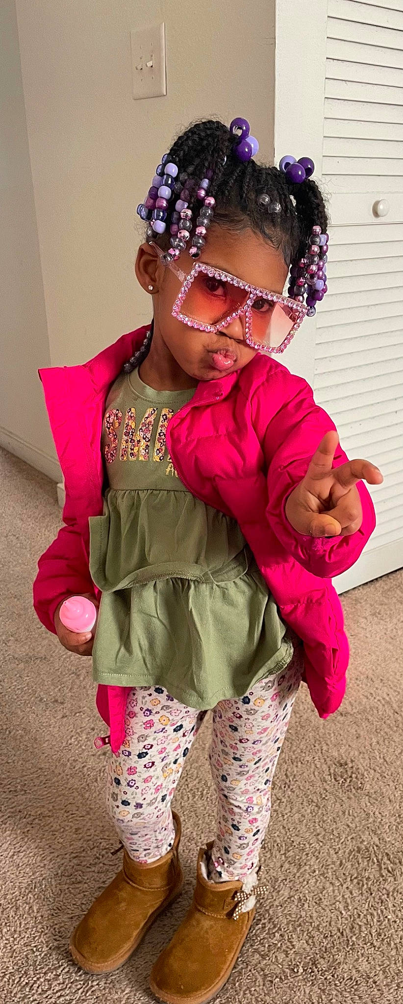 Kori joined the competition — help win amazing prizes! baby_toddler_clothing, cool, eyewear, facial_expression, fashion, fashion_design, goggles, hand, happy, human, jewellery, lip, magenta, neck, outerwear, person, pink, purple, sleeve, sunglasses