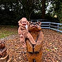 baby, child, wooden_statue, bear, onesie, forest, autumn, leaves, outdoor, nature, fence, tree, playful, smiling, cute, park, sculpture, person, wood_chips, daytime
