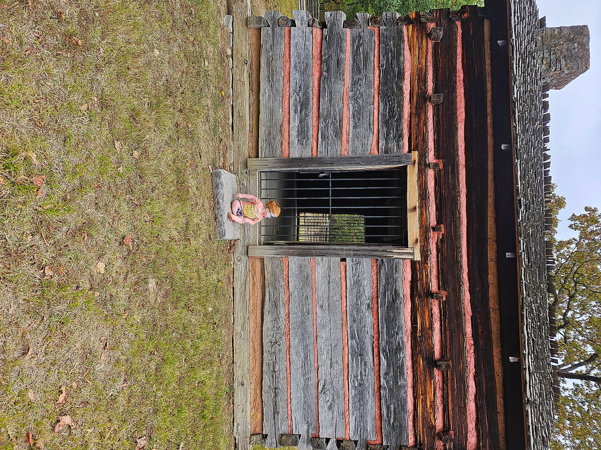 Ryder is registered to the contest to win money with this photo: art, building, composite_material, concrete, door, facade, grass, hardwood, house, line, metal, pattern, person, plank, rectangle, sky, tints_and_shades, tree, trunk, wood