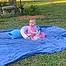 baby, backyard, blanket, blue_blanket, child, curious, face, flowers, garden, grass, infant, lawn, outdoor, pink_clothing, plush_toy, portrait, sitting, stuffed_animal, sunlight, tree