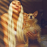 Henry is registered to the contest to win money with this photo: woman, dog, indoor, blonde_hair, beanie, pet, sunlight, shadows, striped_shadows, casual, portrait, smile, long_hair, small_dog, scruffy_dog, bedroom, relaxed, text_overlay, hand_holding_pet, warm_lighting