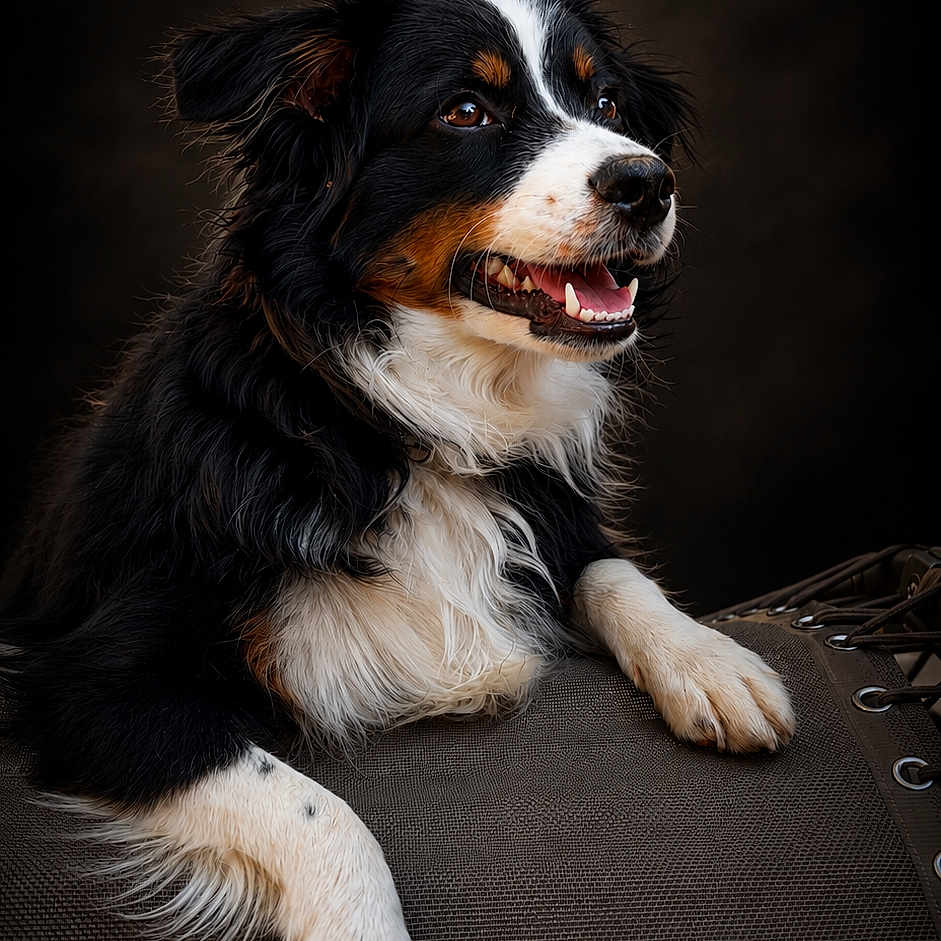 Aloha a rejoint le concours — aidez-le/la à gagner de superbes lots ! dog, berner_like, tricolor, black_and_white, brown, fluffy, long_hair, portrait, sitting, lying_down, happy, smiling, open_mouth, teeth, paws, studio_lighting, dark_background, chair, pet, animal_photography