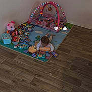 Solyana a rejoint le concours — aidez-le/la à gagner de superbes lots ! baby, infant, child, play_mat, toys, stuffed_animal, play_gym, colorful, hardwood_floor, wooden_floor, wall, photo_collage, tummy_time, books, rattle, pillow, toy_box, flooring, room, cute