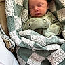 baby, newborn, sleeping, blanket, green, white, cozy, onesie, infant, cute, soft, checkered, wrapped, resting, peaceful, portrait, child, indoors, cushion, warm