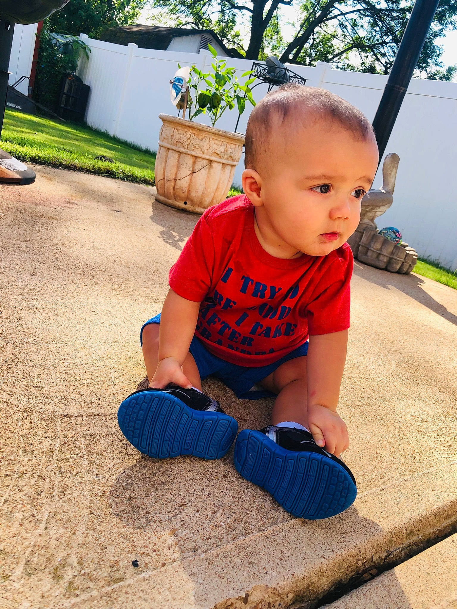 Augustus joined the competition — help win amazing prizes! baby, baby_toddler_clothing, child, electric_blue, flooring, fun, grass, grass_family, happy, lawn, leisure, people_in_nature, person, plant, recreation, road_surface, sitting, t_shirt, toddler, tree