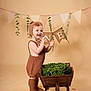 toddler, child, brown_knit_outfit, bonnet, socks, wheelbarrow, greenery, decorations, bunting, indoor, studio, portrait, smiling, happy, celebration, first_birthday, rustic, wooden, plant, cute