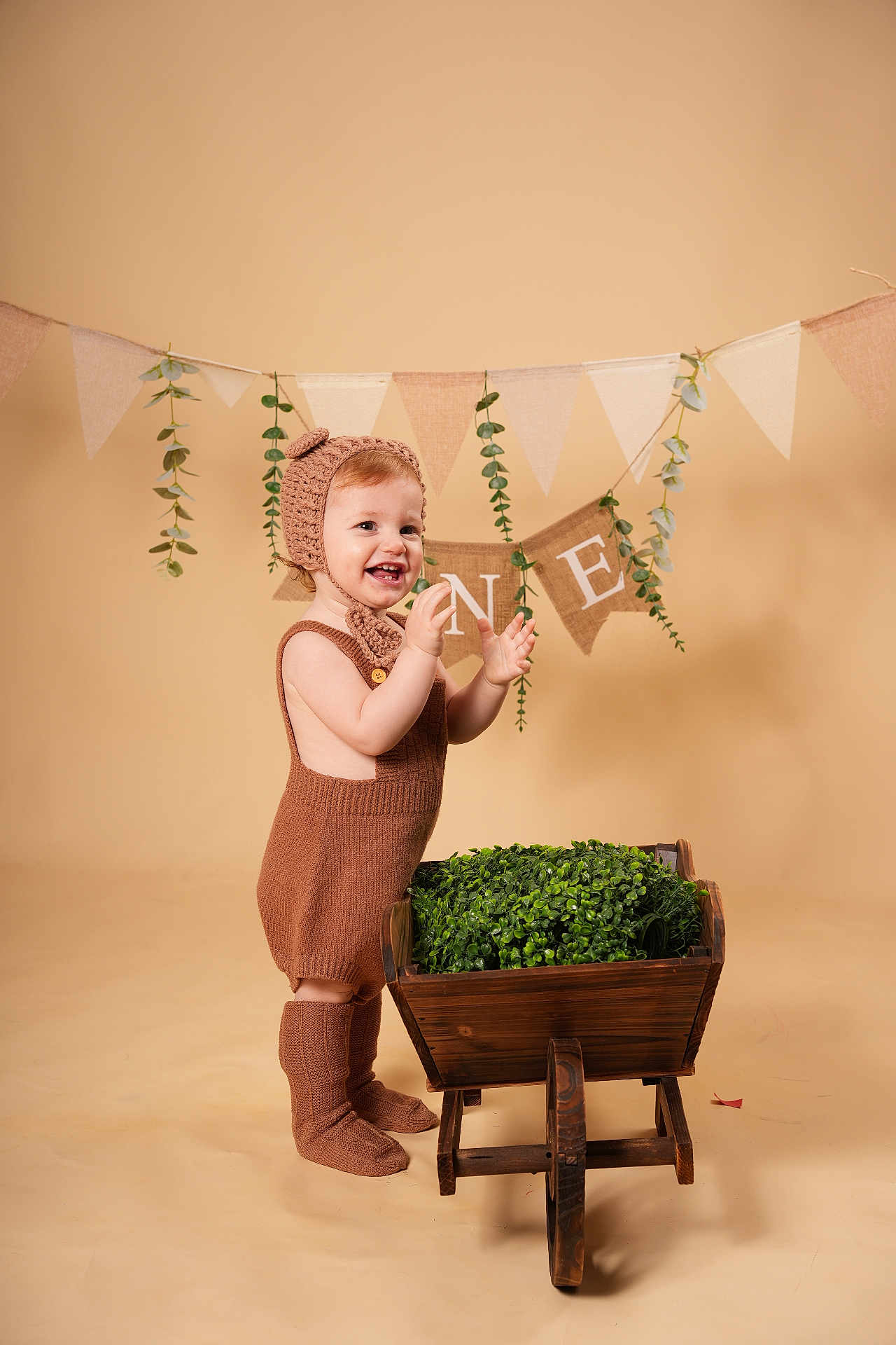 Ewen participe au concours pour gagner de l'argent avec cette photo : toddler, child, brown_knit_outfit, bonnet, socks, wheelbarrow, greenery, decorations, bunting, indoor, studio, portrait, smiling, happy, celebration, first_birthday, rustic, wooden, plant, cute