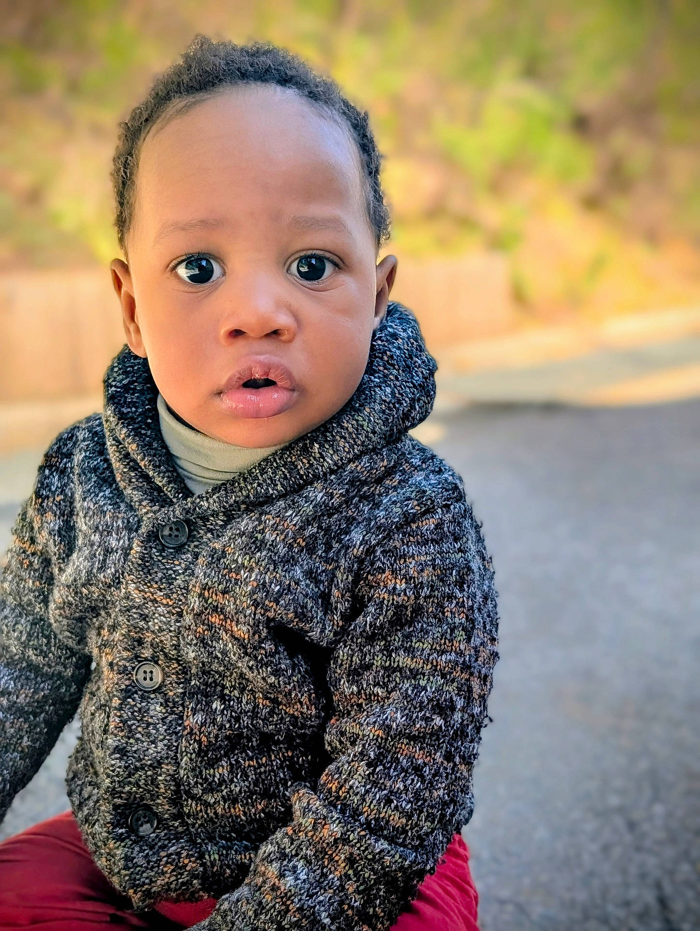 Zayan participe au concours pour gagner de l'argent avec cette photo : blurred_background, casual, child, cozy, curious, cute, expression, eyes, face, knitted_sweater, nature, outdoor, person, portrait, red_pants, sitting, toddler, warm_light, winter_clothing, young_child