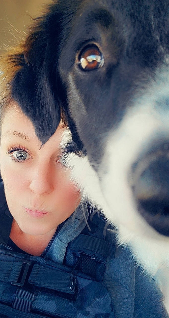 Khloe joined the competition — help win amazing prizes! bangs, beauty, canidae, carnivore, companion_dog, dog, dog_breed, electric_blue, eyelash, fur, gesture, happy, human_body, jaw, nose, snout, sporting_group, street_fashion, whiskers, working_animal