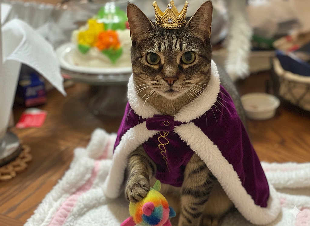 Meow Meow is registered to the contest to win money with this photo: cat, tabby_cat, crown, cape, purple_cape, plush_toy, toy, blanket, indoor, pet, animal, fur, whiskers, eyes, face, table, cake, decor, wooden_floor, closeup