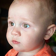 Everett is registered to the contest to win money with this photo: baby, child, portrait, face, head, orange_shirt, curious, skin, young, close_up, expression, eyes, infant, cute, person, looking, soft_light, indoors, human, toddler