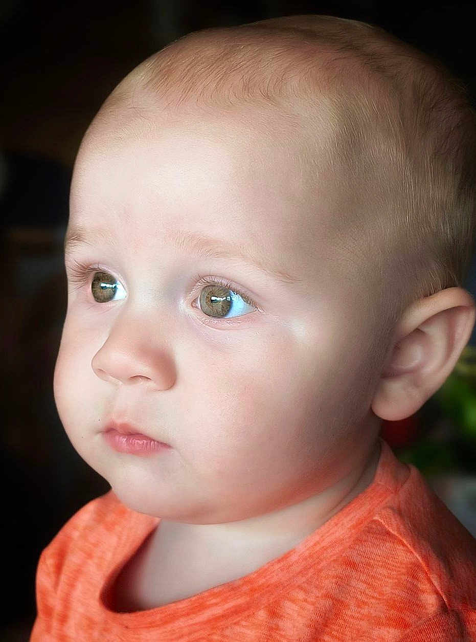 Everett is registered to the contest to win money with this photo: baby, child, portrait, face, head, orange_shirt, curious, skin, young, close_up, expression, eyes, infant, cute, person, looking, soft_light, indoors, human, toddler