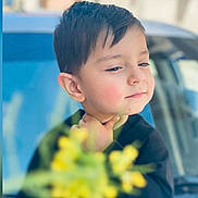 Sohrab is registered to the contest to win money with this photo: boy, car, casual_clothing, child, closeup, daytime, expression, eyelashes, face, hair, hand, outdoor, portrait, reflection, skin, soft_light, thoughtful, window, yellow_flowers, young
