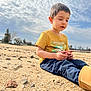 boots, boy, casual_clothing, child, cloudy_sky, curious, daylight, hands, landscape, nature, navy_pants, outdoor, portrait, relaxed, rocks, sand, short_hair, sitting, trees, yellow_shirt