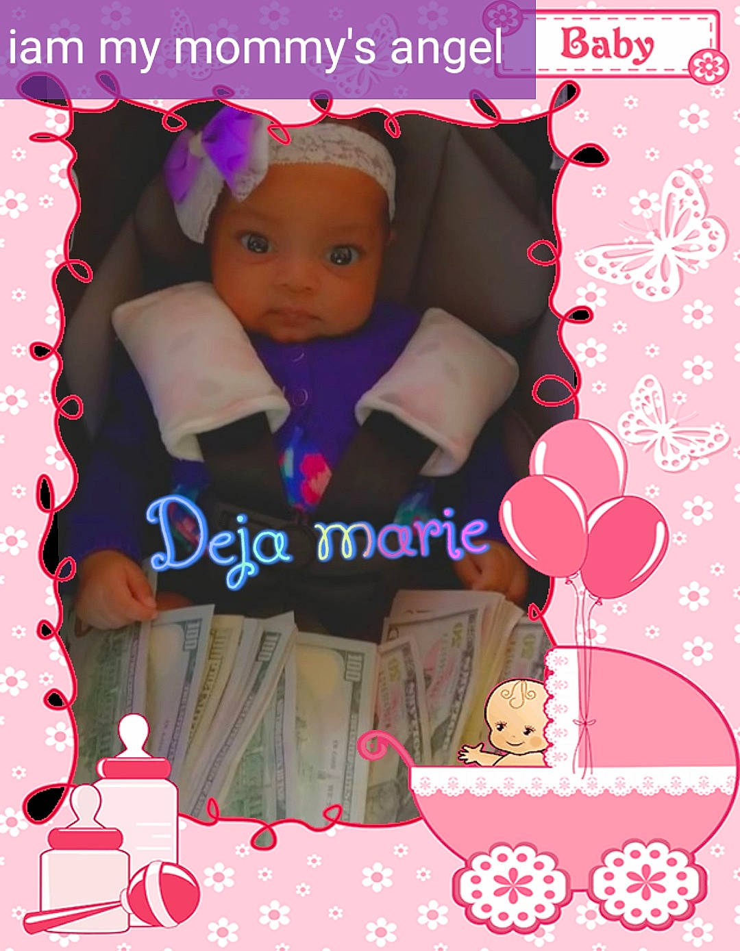 Deja is registered to the contest to win money with this photo: advertising, art, circle, doll, event, facial_expression, fictional_character, font, graphic_design, graphics, greeting_card, happy, headwear, holiday, magenta, pattern, person, photo_caption, pink, red