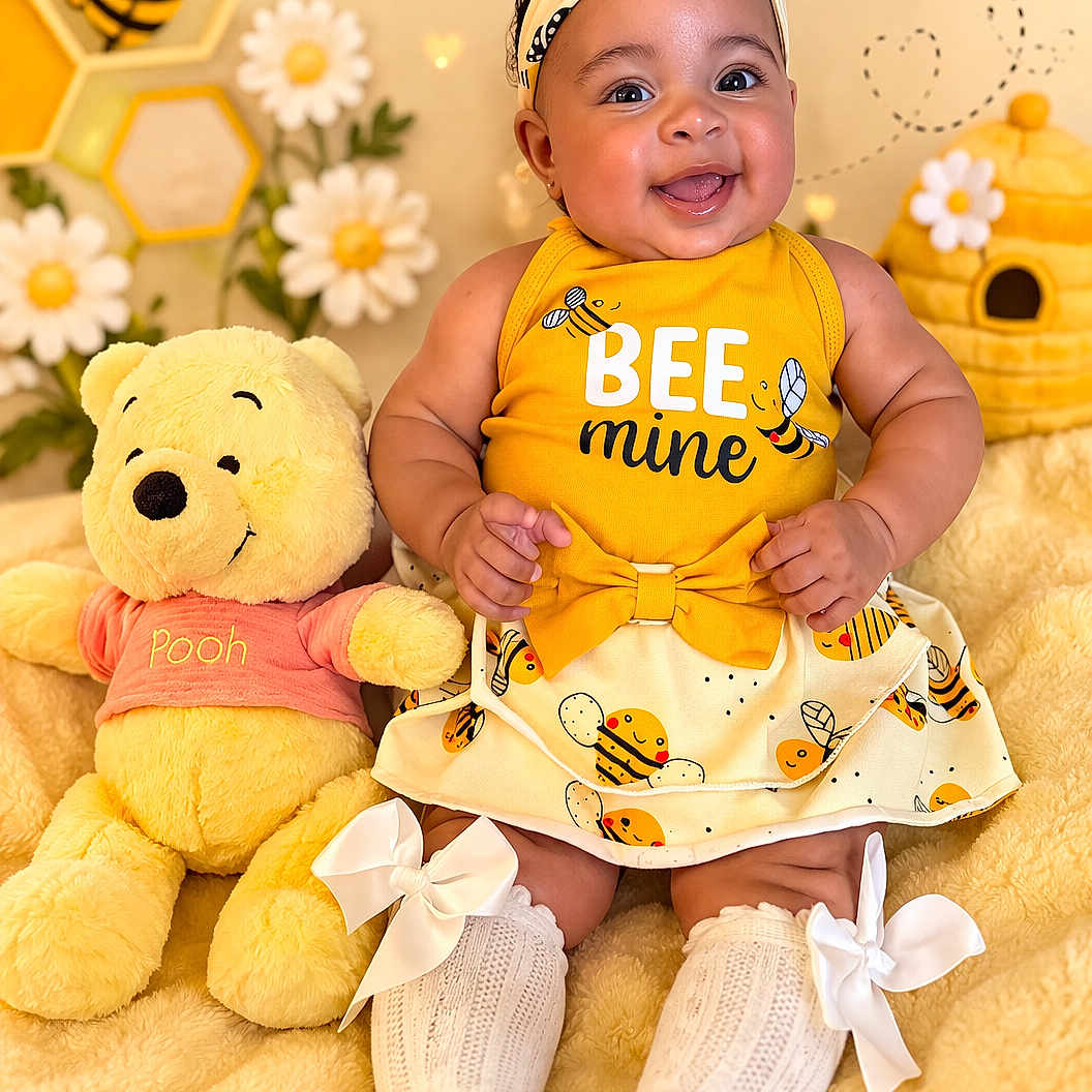 Blakelea joined the competition — help win amazing prizes! baby, smiling, child, plush_toy, winnie_the_pooh, bee_theme, yellow_dress, headband, socks, ribbon, daisies, honeycomb, cartoon_bees, beehive, soft_blanket, cute, portrait, indoor, happy, decorations