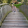 toddler, child, bridge, wood, path, park, trees, greenery, autumn, smile, outdoor, nature, grass, fence, walking, happy, person, daylight, scenic, casual_clothing