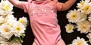 Emersyn is registered to the contest to win money with this photo: baby, infant, smiling, pink_onesie, white_flowers, floral_arrangement, lying_down, happy, cute, portrait, child, peaceful, arms_outstretched, legs_visible, skin, head, face, nature, soft_lighting, closeup