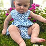 Emersyn joined the competition — help win amazing prizes! baby, child, blue_dress, floral_pattern, flowers, greenery, grass, pink_flowers, white_flowers, nature, outdoor, cute, infant, portrait, sitting, barefoot, skin, head, face, curious