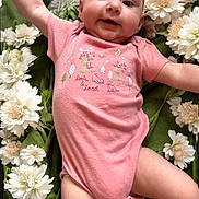 Emersyn joined the competition — help win amazing prizes! baby, pink_onesie, smiling, flower, white_flower, green_blanket, infant, cute, lying_down, happy, child, face, skin, arms, legs, nature, soft_texture, portrait, closeup, adorable