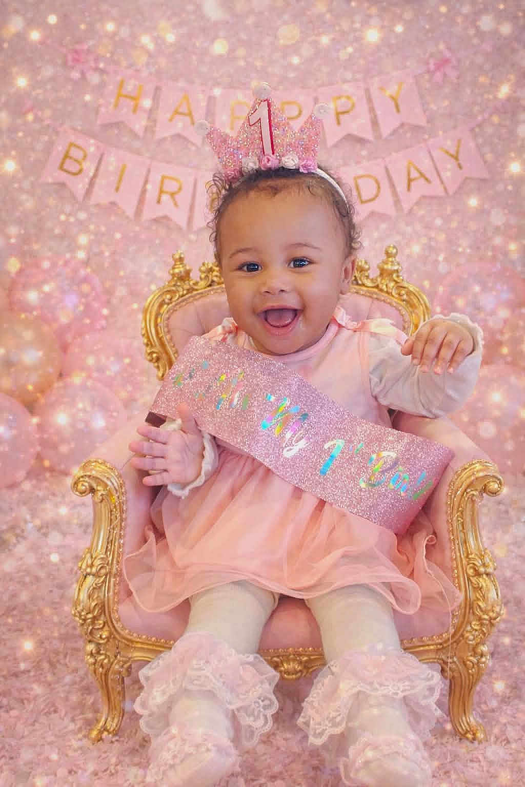 Amarie joined the competition — help win amazing prizes! baby, child, birthday, party, pink, crown, sash, balloons, chair, smile, happy, celebration, dress, tights, lace, decorations, gold, glitter, banner, portrait