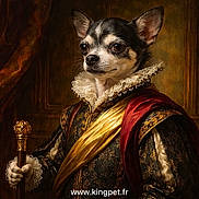 Olly participe au concours pour gagner de l'argent avec cette photo : animal_in_clothes, brown_background, chihuahua, classic_painting_style, costume, dignified, dog, fancy, golden_sash, historical_style, indoor, ornate_clothing, pet_portrait, portrait, regal, royalty, ruff_collar, scepter, text_overlay, website