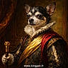 animal_in_clothes, brown_background, chihuahua, classic_painting_style, costume, dignified, dog, fancy, golden_sash, historical_style, indoor, ornate_clothing, pet_portrait, portrait, regal, royalty, ruff_collar, scepter, text_overlay, website