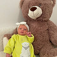 Victoria participe au concours pour gagner de l'argent avec cette photo : baby, teddy_bear, plush_toy, yellow_clothing, headband, infant, soft_texture, couch, white_background, cute, child, portrait, indoors, cozy, smile, small_hand, toy, sitting, comfortable, warm