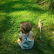 Luke is registered to the contest to win money with this photo: animal, baby, backyard, bearded_dragon, child, curious, exploration, grass, greenery, lizard, nature, outdoor, overalls, pet, plants, reptile, shade, summer, sunlight, toddler